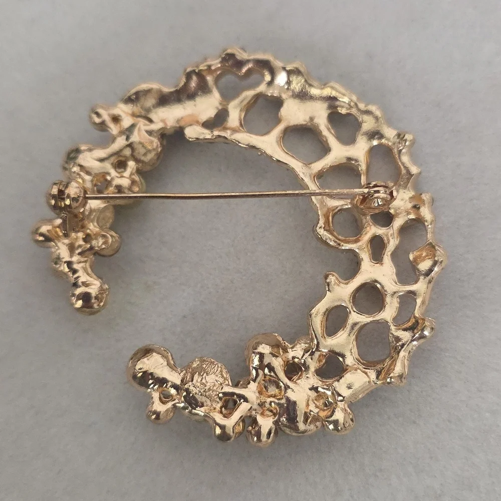 Gold Statement Crescent Moon Brooch Pin Amber Topaz Yellow Rhinestone